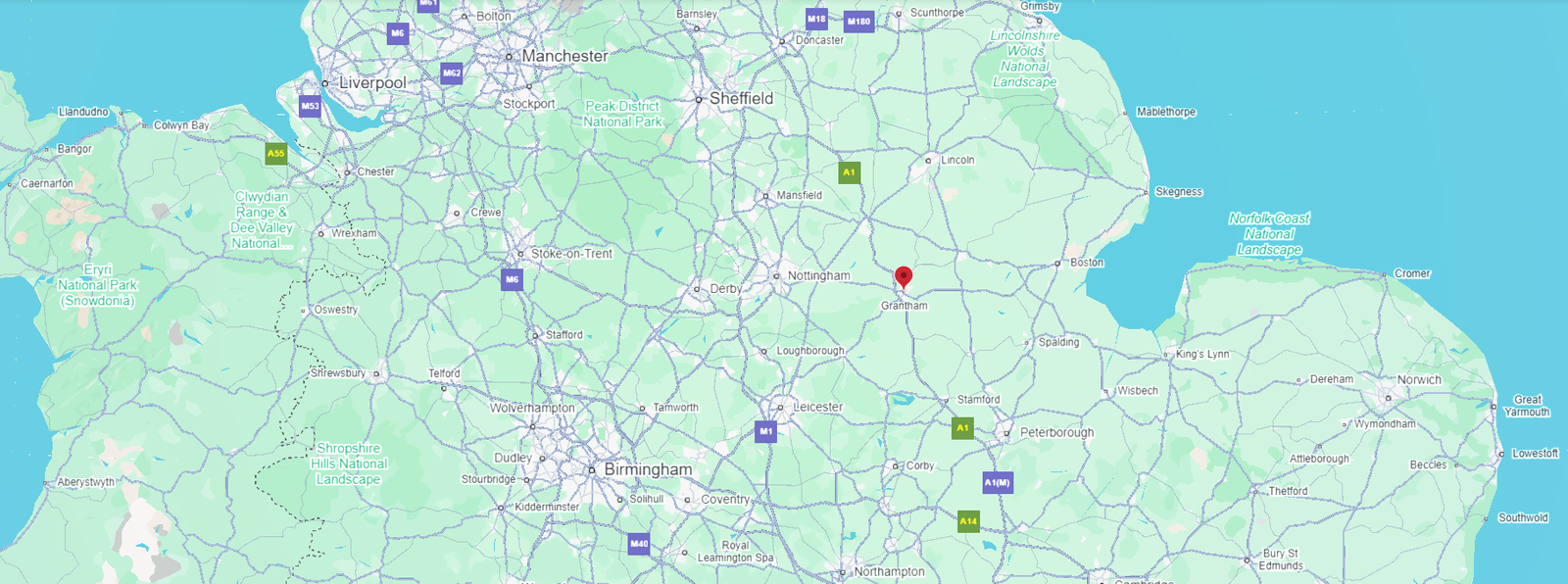 An image of the town of Grantham in Lincolnshire shown from a zoomed out perspective of the UK